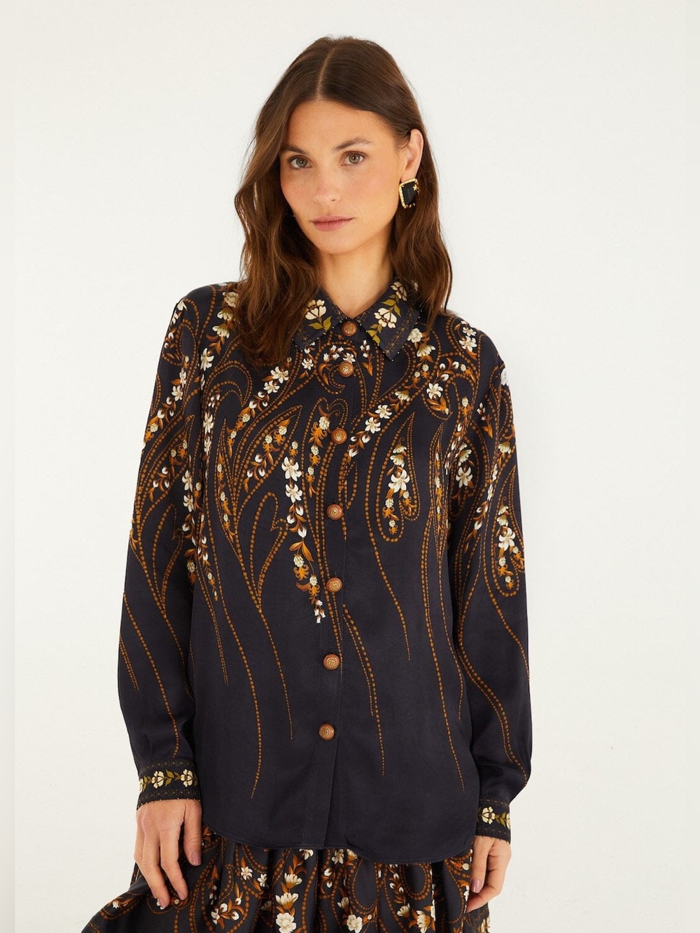 Farm Rio: Black Garden Printed Buttons Viscose Shirt